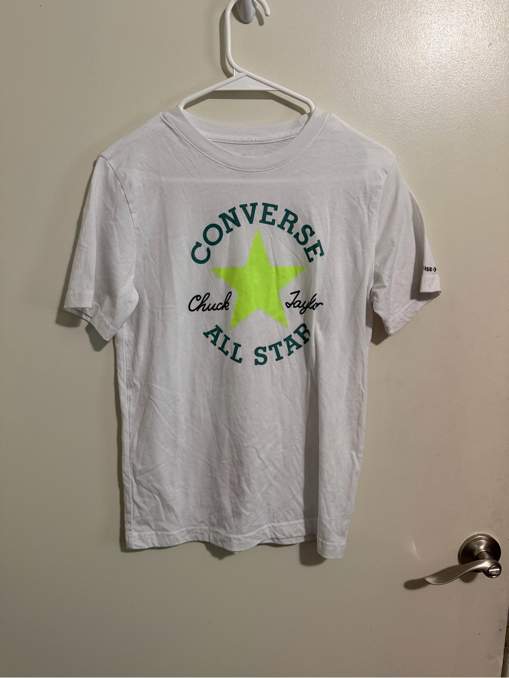 Converse White Tee with Neon Green Star and Teal Logo